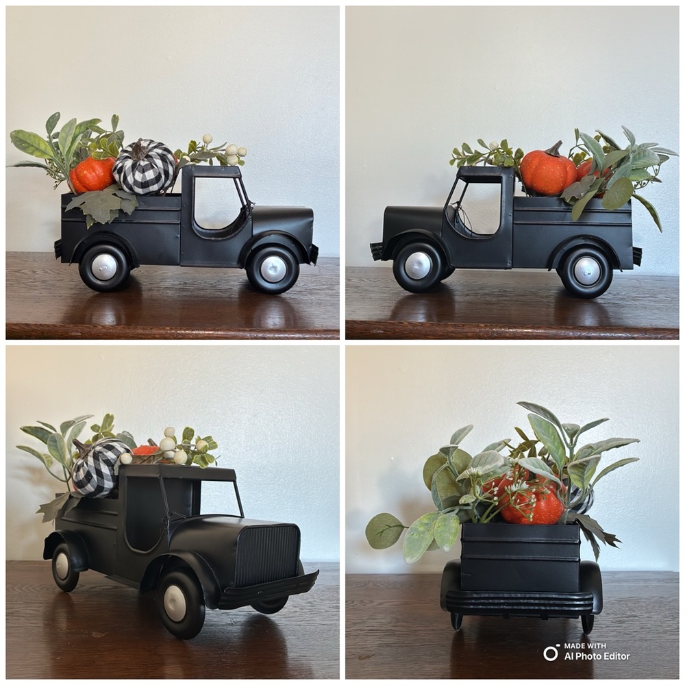 NWT- Black Metal Decorative Farm Truck with Fall Arrangement & Pumpkins